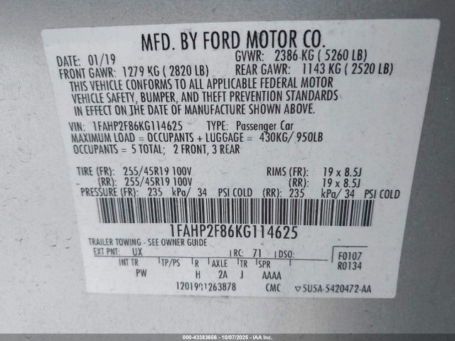 Продажа на аукционе авто 2019 Ford Taurus Limited, vin: 1FAHP2F86KG114625, номер лота: 43383656