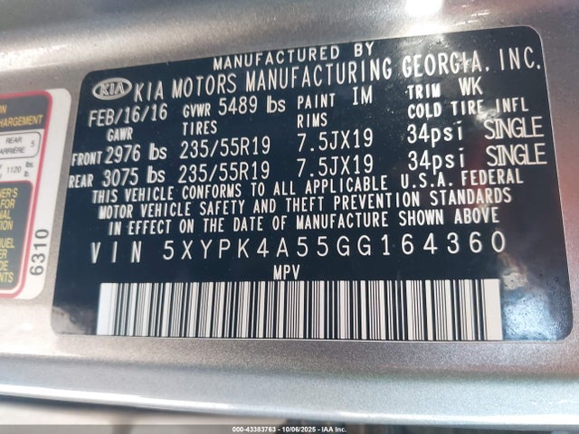 KIA dohc gdi lambda ii 2016 5XYPK4A55GG164360 Image 9