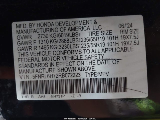 Продаж на аукціоні авто 2024 Honda Odyssey Sport, vin: 5FNRL6H72RB072223, номер лоту: 43383893