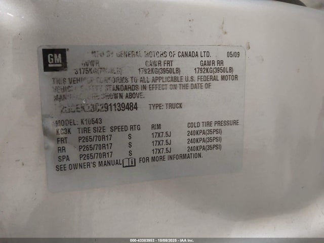 43383953 :رقم المزاد ، 2GCEK23C291139484 vin ، 2009 Chevrolet Silverado 1500 Lt مزاد بيع