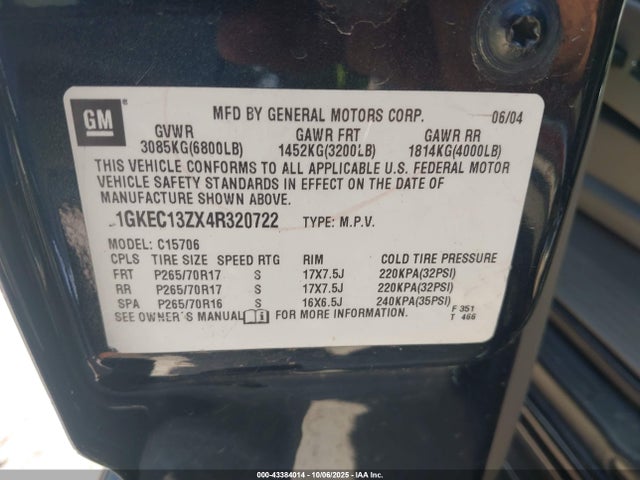Продажа на аукционе авто 2004 Gmc Yukon Slt, vin: 1GKEC13ZX4R320722, номер лота: 43384014