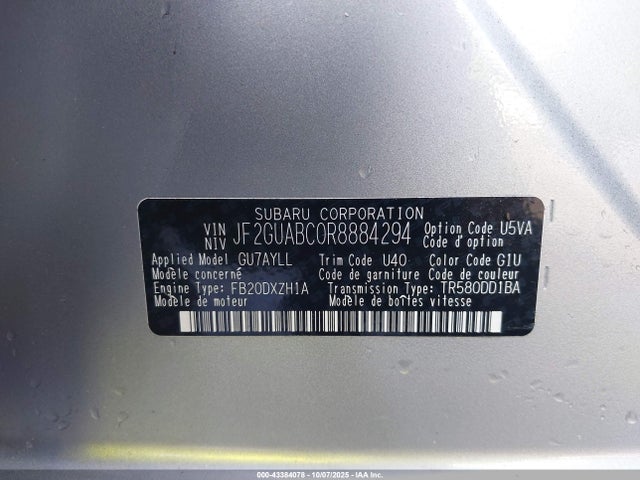 2024 Subaru Crosstrek მანქანა იყიდება აუქციონზე, vin: JF2GUABC0R8884294, აუქციონის ნომერი: 43384078