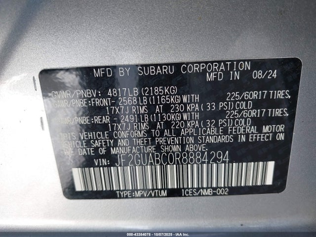 2024 Subaru Crosstrek მანქანა იყიდება აუქციონზე, vin: JF2GUABC0R8884294, აუქციონის ნომერი: 43384078