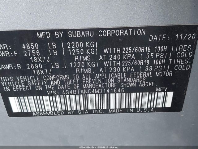 2021 SUBARU OUTBACK 4S4BTANC4M3141646 Photo 8