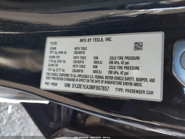 2021 TESLA MODEL 3 5YJ3E1EA3MF867857 Photo 8