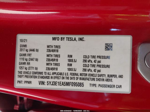 2021 TESLA MODEL 3 5YJ3E1EA5MF095085 Photo 8