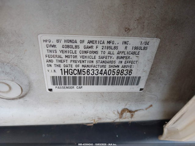 Продаж на аукціоні авто 2004 Honda Accord 2.4 Lx, vin: 1HGCM56334A059836, номер лоту: 43384243