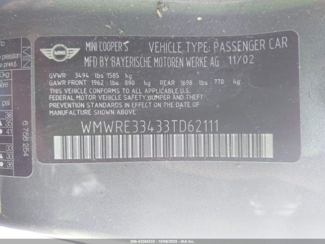 2003 MINI COOPER S WMWRE33433TD62111 Photo 8