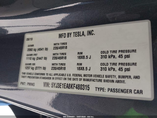 2019 TESLA MODEL 3 5YJ3E1EA8KF480315 Photo 8