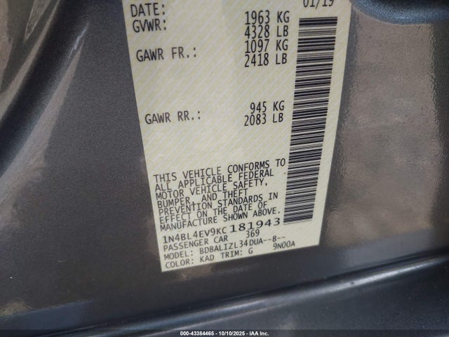 Продажа на аукционе авто 2019 Nissan Altima 2.5 Sl, vin: 1N4BL4EV9KC181943, номер лота: 43384465