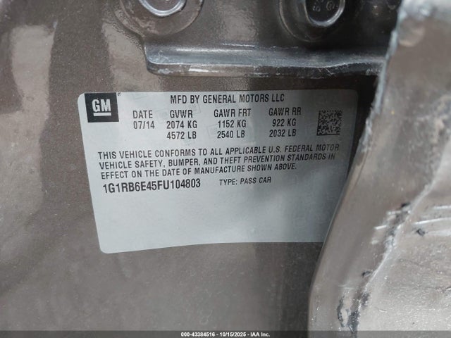 2015 Chevrolet Volt მანქანა იყიდება აუქციონზე, vin: 1G1RB6E45FU104803, აუქციონის ნომერი: 43384516