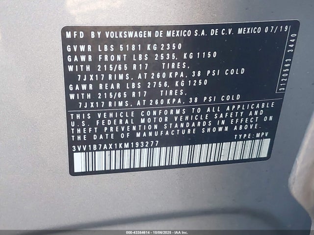 3VV1B7AX1KM193277 Volkswagen 2019