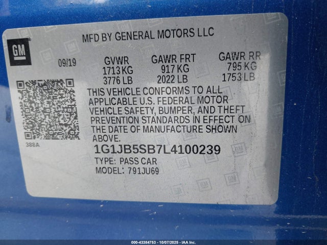 Продаж на аукціоні авто 2020 Chevrolet Sonic Fwd  Ls, vin: 1G1JB5SB7L4100239, номер лоту: 43384753