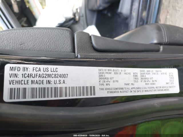 2021 Jeep Grand Cherokee Laredo X 4x4 მანქანა იყიდება აუქციონზე, vin: 1C4RJFAG2MC824007, აუქციონის ნომერი: 43384835