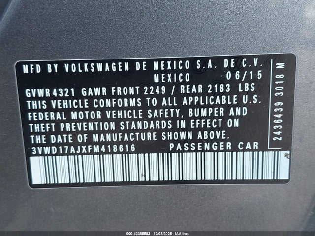3VWD17AJXFM418616 Volkswagen 1.8t