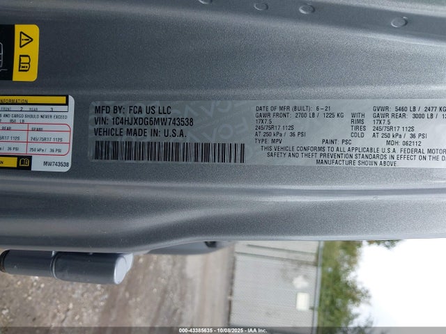 2021 Jeep Wrangler Unlimited Sport S 4x4 მანქანა იყიდება აუქციონზე, vin: 1C4HJXDG6MW743538, აუქციონის ნომერი: 43385635