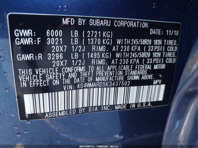 43385712 :رقم المزاد ، 4S4WMARD5K3437502 vin ، 2019 Subaru Ascent Touring مزاد بيع