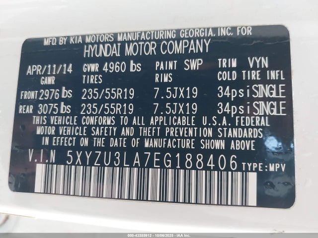 Продаж на аукціоні авто 2014 Hyundai Santa Fe Sport 2.0l Turbo, vin: 5XYZU3LA7EG188406, номер лоту: 43385912