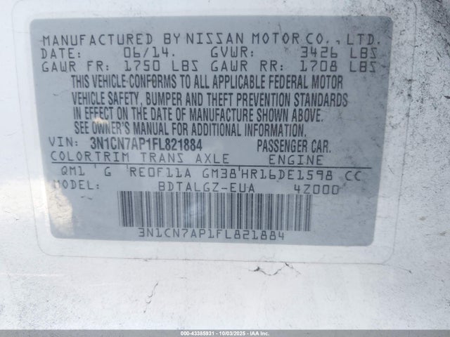 Nissan VERSA S 2015 3N1CN7AP1FL821884 Image 22