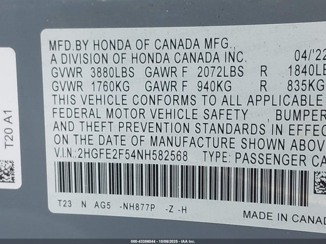 2022 HONDA CIVIC 2HGFE2F54NH582568 Photo 8