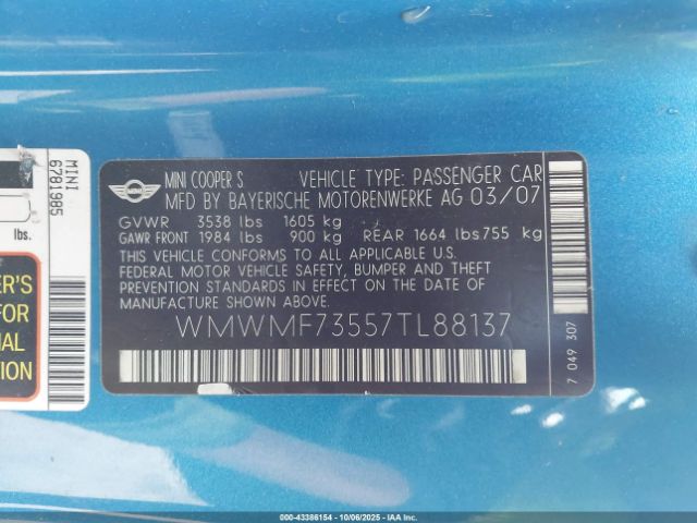 2007 MINI COOPER S WMWMF73557TL88137 Photo 8