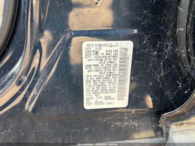 2004 Nissan Murano Sl მანქანა იყიდება აუქციონზე, vin: JN8AZ08W54W318626, აუქციონის ნომერი: 43386392