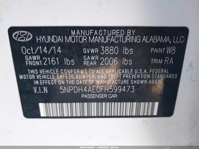 Aukcja sprzedaży 2015 Hyundai Elantra Se, vin: 5NPDH4AE0FH599473, numer aukcji: 43386397