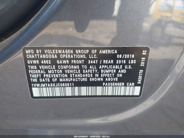 2018 Volkswagen Passat 3.6l V6 Gt მანქანა იყიდება აუქციონზე, vin: 1VWJM7A3XJC050511, აუქციონის ნომერი: 43386435