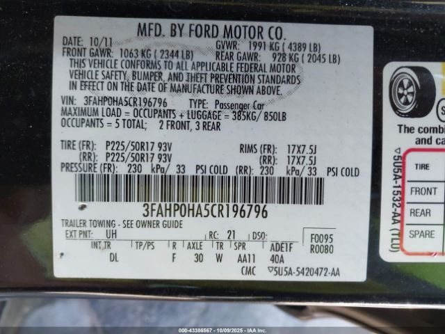 2012 FORD FUSION 3FAHP0HA5CR196796 Photo 8