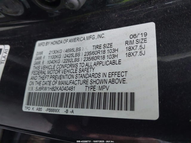 Honda l15be 2019 5J6RW1H82KA040481 Image 9