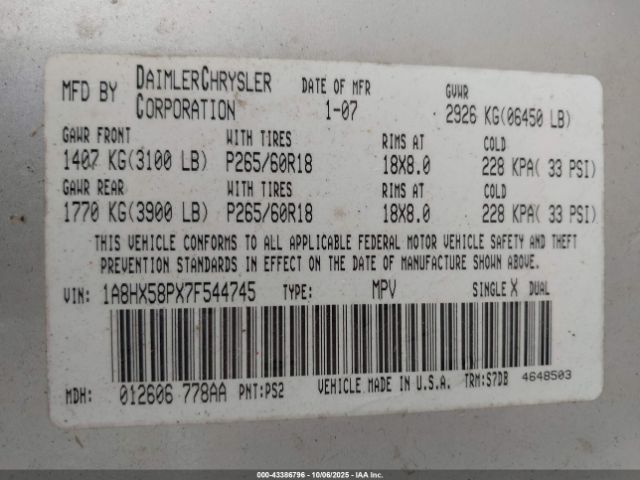 2007 CHRYSLER ASPEN 1A8HX58PX7F544745 Photo 8