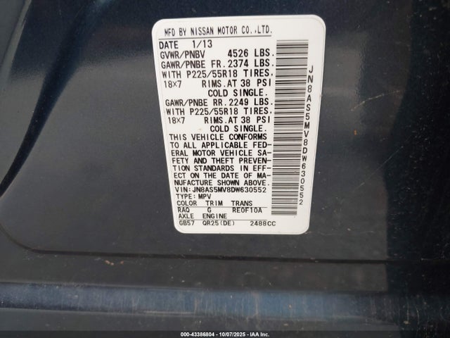 Продаж на аукціоні авто 2013 Nissan Rogue Sv W/sl Pkg, vin: JN8AS5MV8DW630552, номер лоту: 43386804