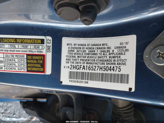 2007 Honda Civic Lx მანქანა იყიდება აუქციონზე, vin: 2HGFA16527H504475, აუქციონის ნომერი: 43386892