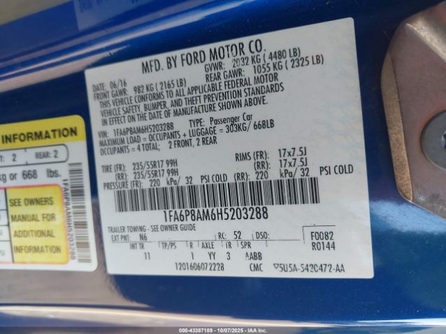 2017 FORD MUSTANG 1FA6P8AM6H5203288 Photo 8