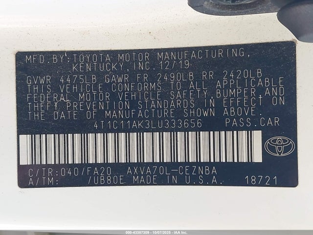 Toyota a25a-fks 2020 4T1C11AK3LU333656 Image 9