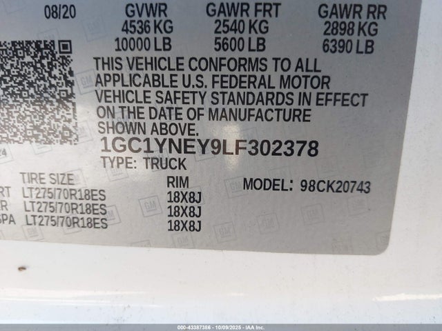 Auction sale of the 2020 Chevrolet Silverado 2500hd 4wd  Standard Bed Lt, vin: 1GC1YNEY9LF302378, lot number: 43387386