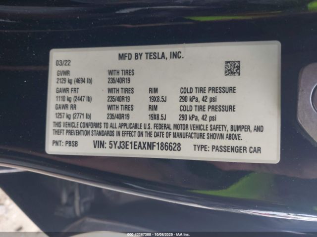 2022 TESLA MODEL 3 5YJ3E1EAXNF186628 Photo 8