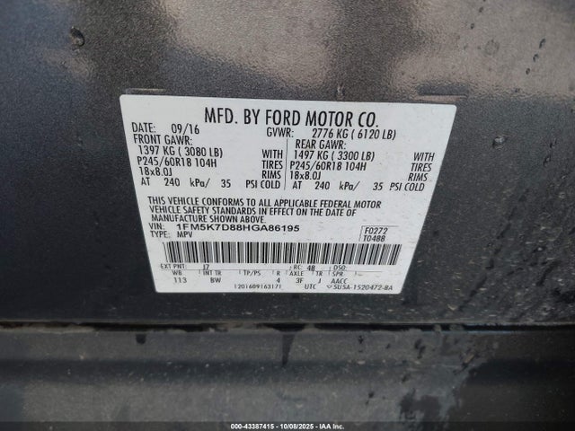 43387415 :رقم المزاد ، 1FM5K7D88HGA86195 vin ، 2017 Ford Explorer Xlt مزاد بيع