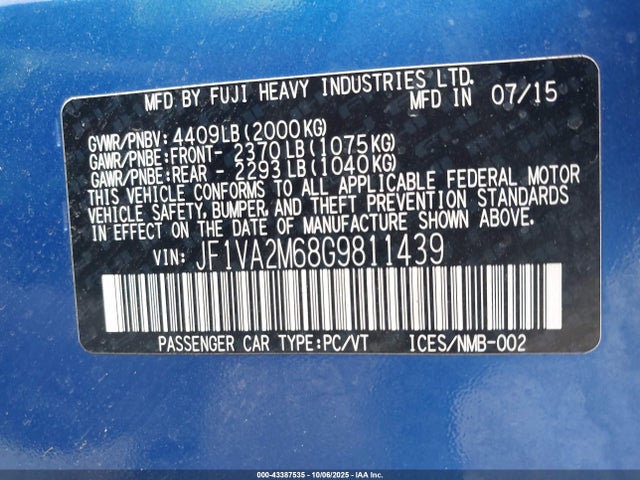 Aukcja sprzedaży 2016 Subaru Wrx Sti, vin: JF1VA2M68G9811439, numer aukcji: 43387535