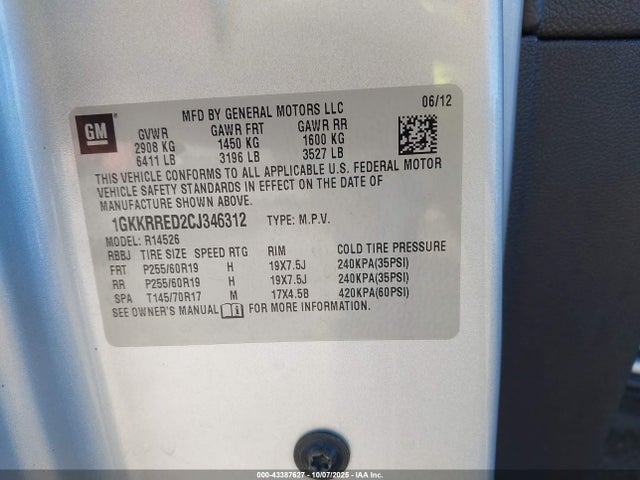 2012 Gmc Acadia Slt-1 მანქანა იყიდება აუქციონზე, vin: 1GKKRRED2CJ346312, აუქციონის ნომერი: 43387627