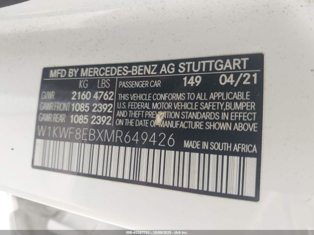 2021 MERCEDES-BENZ C 300 W1KWF8EBXMR649426 Photo 8