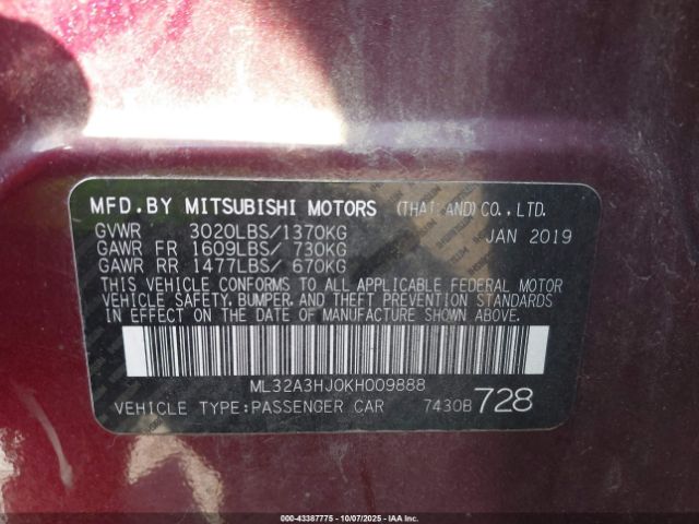 2019 MITSUBISHI MIRAGE ML32A3HJ0KH009888 Photo 8