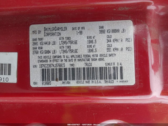 Продажа на аукционе авто 1999 Dodge Ram 2500 St, vin: 1B7KC2367XJ576815, номер лота: 43387927
