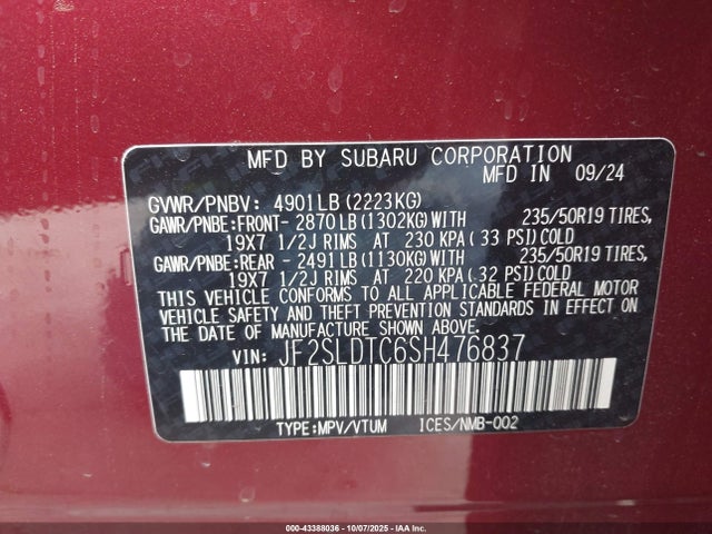 2025 Subaru Forester Touring მანქანა იყიდება აუქციონზე, vin: JF2SLDTC6SH476837, აუქციონის ნომერი: 43388036