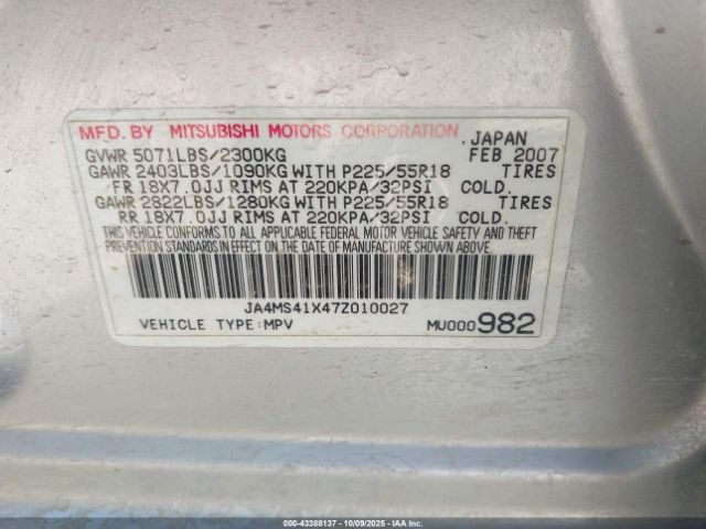 2007 MITSUBISHI OUTLANDER JA4MS41X47Z010027 Photo 8