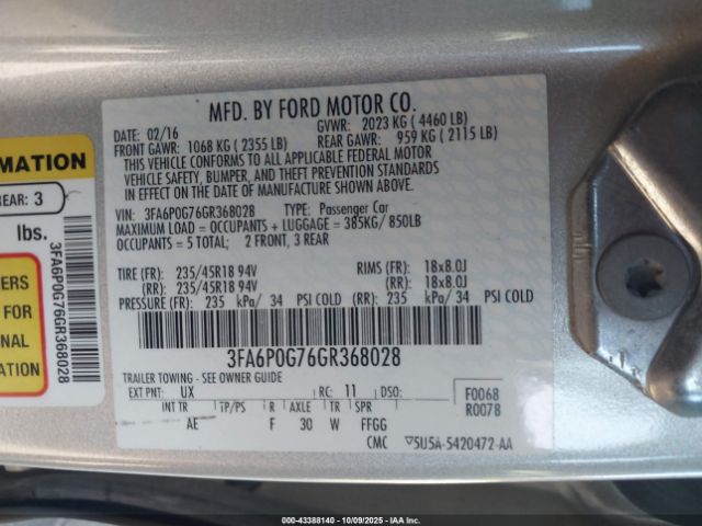 2016 FORD FUSION 3FA6P0G76GR368028 Photo 8
