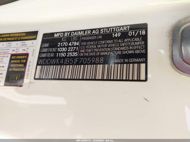 Aukcja sprzedaży 2018 Mercedes-benz C 300, vin: WDDWK4JB5JF705988, numer aukcji: 43388173