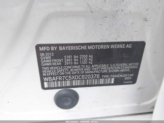 43388215 :رقم المزاد ، WBAFR7C5XDC820376 vin ، 2013 Bmw 535i مزاد بيع