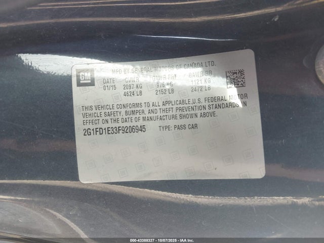 Продаж на аукціоні авто 2015 Chevrolet Camaro 1lt, vin: 2G1FD1E33F9206945, номер лоту: 43388327