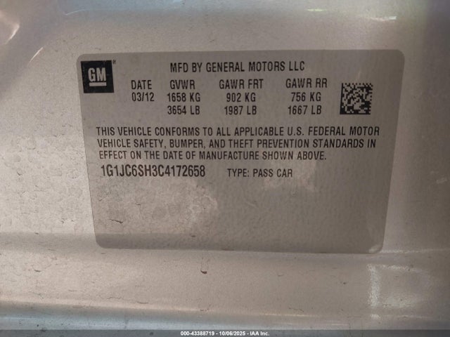 Продаж на аукціоні авто 2012 Chevrolet Sonic 2lt, vin: 1G1JC6SH3C4172658, номер лоту: 43388719